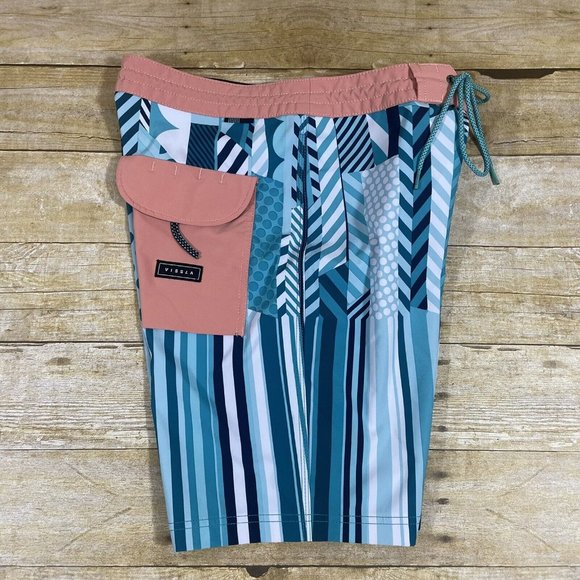 VISSLA Jason Woodside Board Shorts Swim Trunks 28 Stretch Blue White Striped Dot - Picture 6 of 9